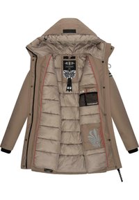 Tan waterproof jacket with a detachable hood. Interior features quilted insulation, red accents, a mesh pocket, and branded labels.