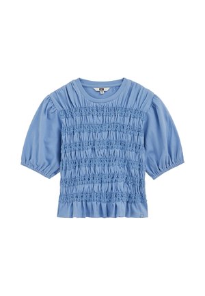 Hellblaue kurzärmelige Bluse mit Puffärmeln und horizontalen Rüschen über die Vorder- und Rückseite.