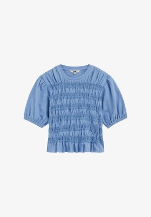 Hele sinine lühikeste varrukatega pluus, millel on puff varrukad ja horisontaalne volditud detail esiküljel ja seljal.