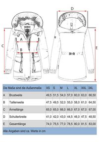 White parka jacket with fur-lined hood. Features include drawstring waist, two front pockets, and measurements listed in a table below.