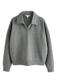 Sweat-shirt à col rond gris en tissu doux, avec col, coupe ample, coutures d'épaule tombantes et poignets et ourlet côtelés.