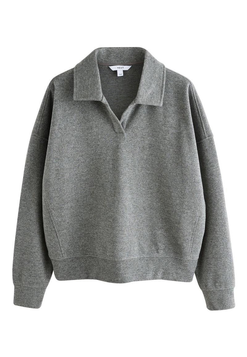 Sweat-shirt à col rond gris en tissu doux, avec col, coupe ample, coutures d'épaule tombantes et poignets et ourlet côtelés.