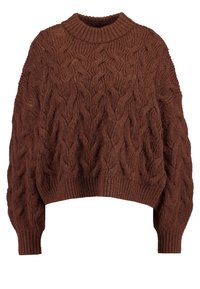 Brown knitted sweater with a cable design, featuring a high neck and cropped length. Soft texture and ribbed cuffs and hem.