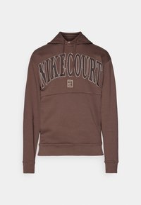 Sweat à capuche marron avec une poche kangourou à l'avant. Présente le texte "NIKECOURT" en noir, un petit logo sur la poitrine, et une capuche avec cordon de serrage. Tissu doux.