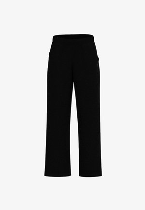 Pantaloni neri a gamba dritta con vita elastica e tasche laterali, mostrati su uno sfondo bianco.