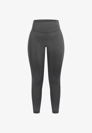 Hoge taille leggings gemaakt van gladde, rekbare grijze stof. Heeft een brede tailleband en een getailleerde pasvorm, die tot aan de enkel reikt.