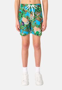 Bañadores con un vibrante patrón pixelado de Minecraft que presenta verdes, azules y tonos terrenales. Tela ligera, cintura elástica, cordón ajustable.