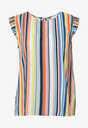 Bezručně top s barevnými svislými pruhy v oranžové, modré, žluté a zelené barvě, s nabíranými akcenty na ramenou a výstřihem do tvaru lodi.