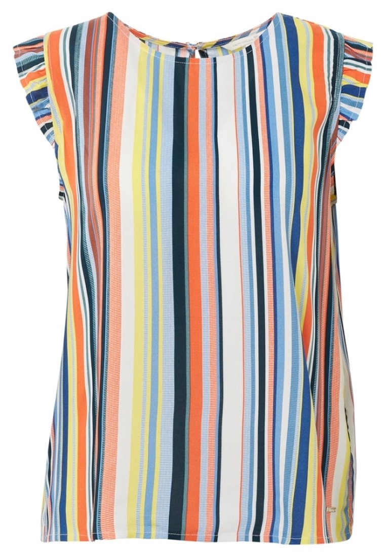 Top senza maniche con strisce verticali colorate in arancione, blu, giallo e verde, con spalle arricciate e scollo a giro.