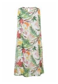 Leichtes Blumenkleid mit einer Vielzahl von tropischen Blumen und Blättern. Durchscheinender Stoff mit lockerer Passform, runder Ausschnitt und Schlüsselhole-Detail im Rücken.