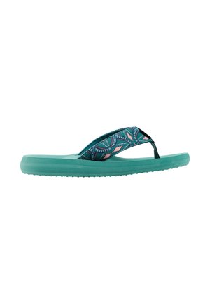 Türkisfarbene Flip-Flop-Sandale mit gemustertem Stoffriemen mit blauen und rosa Blattmotiven, flache, gepolsterte Sohle, Seitenansicht.
