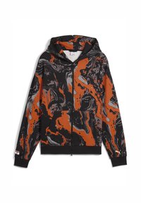Sort og orange hættetrøje med lynlås og marmor mønster, der har en justerbar hætte, forlommer og ribbede manchetter og kant.