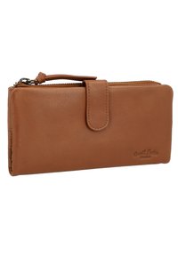 Brown leather wallet with a smooth texture, zip closure, front flap, and embossed logo. Features a slim, rectangular design.