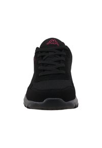 Black athletic shoe featuring a mesh upper, rubber sole, and pink logo accent on the tongue. Laces are central with a textured design.
