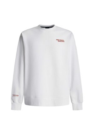 Witte sweatshirt met geribbelde manchetten en zoom, met rode tekst "RED BULL RACING" op de voorkant en linkermouw. Zacht katoenen materiaal.