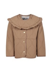Quiltad beige jacka med volangkrage, utrustad med guldknappar och en vågmönstrad textur. Märkt "Molo" på insidan.