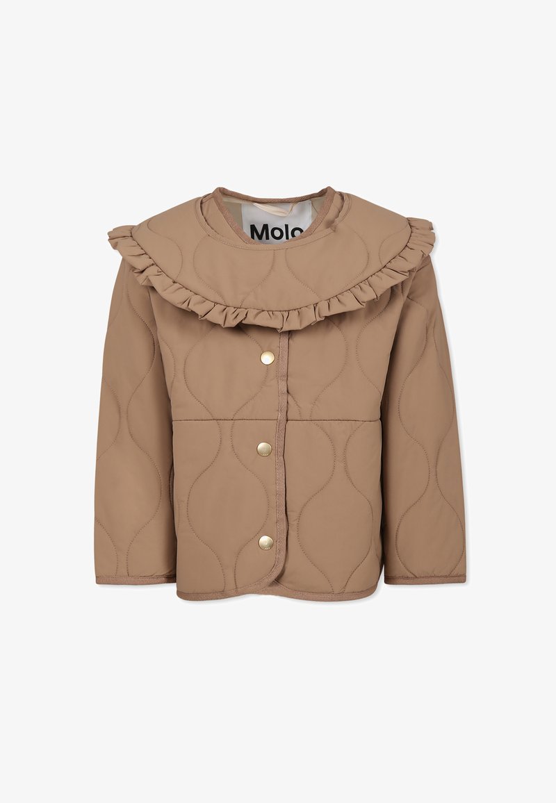 Quiltet lysbrun jakke med en bølget krave, der har gyldne trykknapper og en bølgemønstret tekstur. Mærket "Molo" på indersiden.