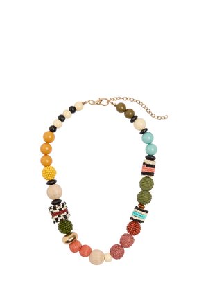 Kolorowy naszyjnik z koralików z okrągłymi i teksturowanymi koralikami w ziemistych odcieniach, z pozłacanym zapięciem typu lobster i regulowanym łańcuszkiem.