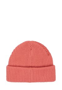 Gorro de punto en color coral, con un puño doblado y patrón texturizado. Hecho de hilo suave con un diseño en relieve. Adecuado para el clima frío.
