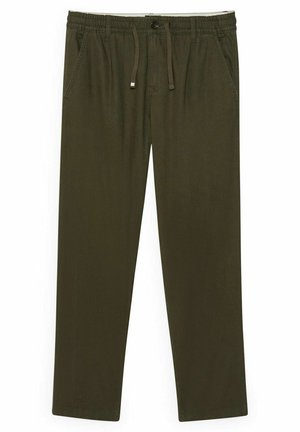 Pantalon décontracté vert foncé avec taille élastique, bouton, cordon de serrage et poches latérales, présenté sur un fond blanc.