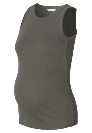 Débardeur de maternité en vert olive, tissu côtelé, sans manches, silhouette légèrement ajustée, avec un col rond et fronces sur les côtés.