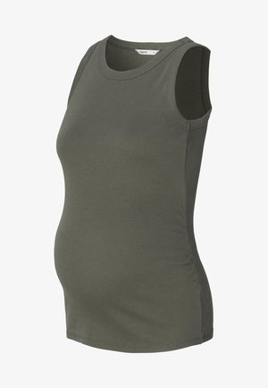 Schwangeren-Tanktop in olivgrün, geripptem Stoff, ärmelloses Design, leicht taillierte Silhouette, mit rundem Halsausschnitt und seitlichen Raffung.