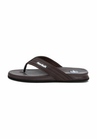 Sandal de flip-flop marrón con suela plana, plantilla texturizada y una correa en forma de V, con un logotipo en la correa y detalles sutiles.