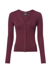 BOSS wijnrode cardigan van geribbelde merinowol, met een diepe V-hals, lange mouwen en een sluiting met knopen aan de voorkant.