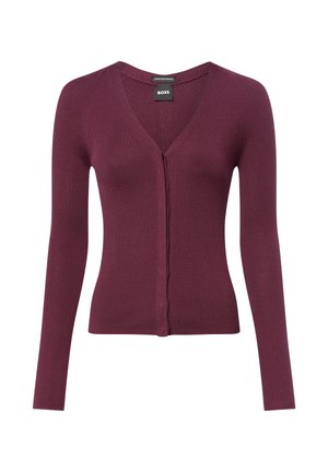 Cardigan bordeaux BOSS en laine mérinos côtelée, avec un col en V profond, des manches longues et une fermeture par boutons sur le devant.