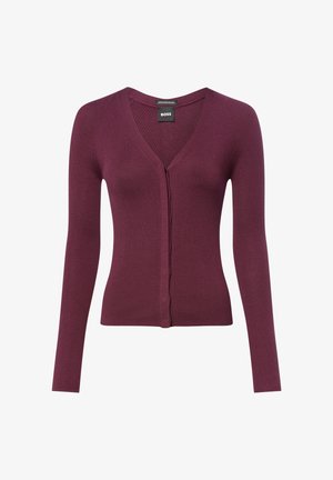 BOSS cardigan in Bordeaux aus geripptem Merinowolle mit tiefem V-Ausschnitt, langen Ärmeln und einer vorderen Knopfleiste.