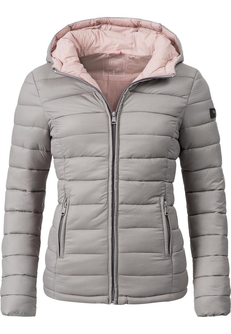 Giacca imbottita grigia con fodera interna rosa chiaro, design aderente, chiusura frontale con zip e due tasche laterali. Tessuto texturizzato e cappuccio.