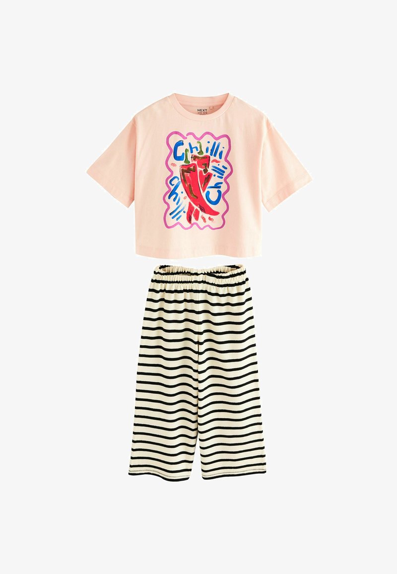 Light pink short-sleeve shirt with colorful chili graphic and black and blue text "chilli" paired with black and white striped elastic waist pants.