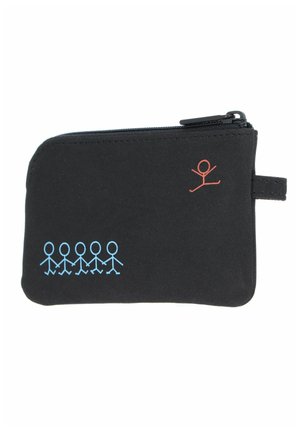 Pochette noire zippée avec des silhouettes bleues se tenant la main en bas à gauche et une silhouette rouge sautant en haut à droite.