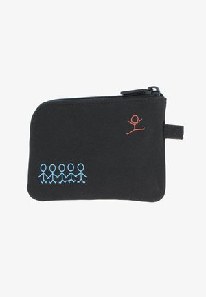 Pochette noire zippée avec des silhouettes bleues se tenant la main en bas à gauche et une silhouette rouge sautant en haut à droite.