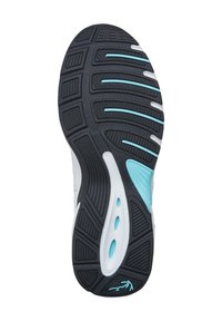 Semelle de chaussure en caoutchouc noir avec des motifs de semelle proéminents, accents bleu clair et une semelle intermédiaire blanche. Présente de multiples rainures texturées pour une meilleure adhérence.