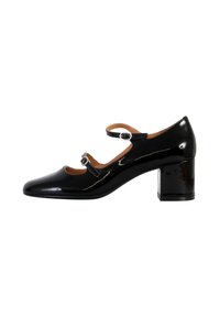 Scarpe Mary Jane in vernice nera con punta affusolata, due cinturini regolabili con fibbie metalliche rotonde e tacco spesso.