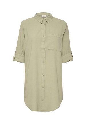 Light olive button-up shirt dress with rolled-up sleeves, pointed collar, and single chest pocket.