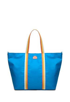 Borsa a tracolla blu con manici a righe arancioni, gialle e bianche e una piccola toppa logo a mezza luna al centro anteriore.