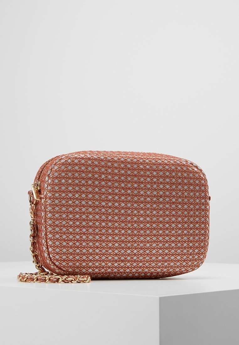 Borsa a tracolla con motivo di rose, forma rettangolare, tracolla in catena dorata e superficie texture. Chiusura con zip sulla parte superiore.