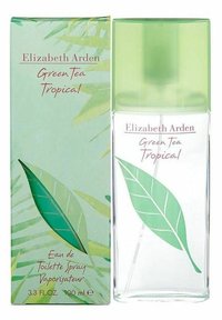 En klar glasflaska med ett grönt lövdesign, toppad med ett ljusgrönt lock. Lådan har en mjuk grön bakgrund med lövgrafik.