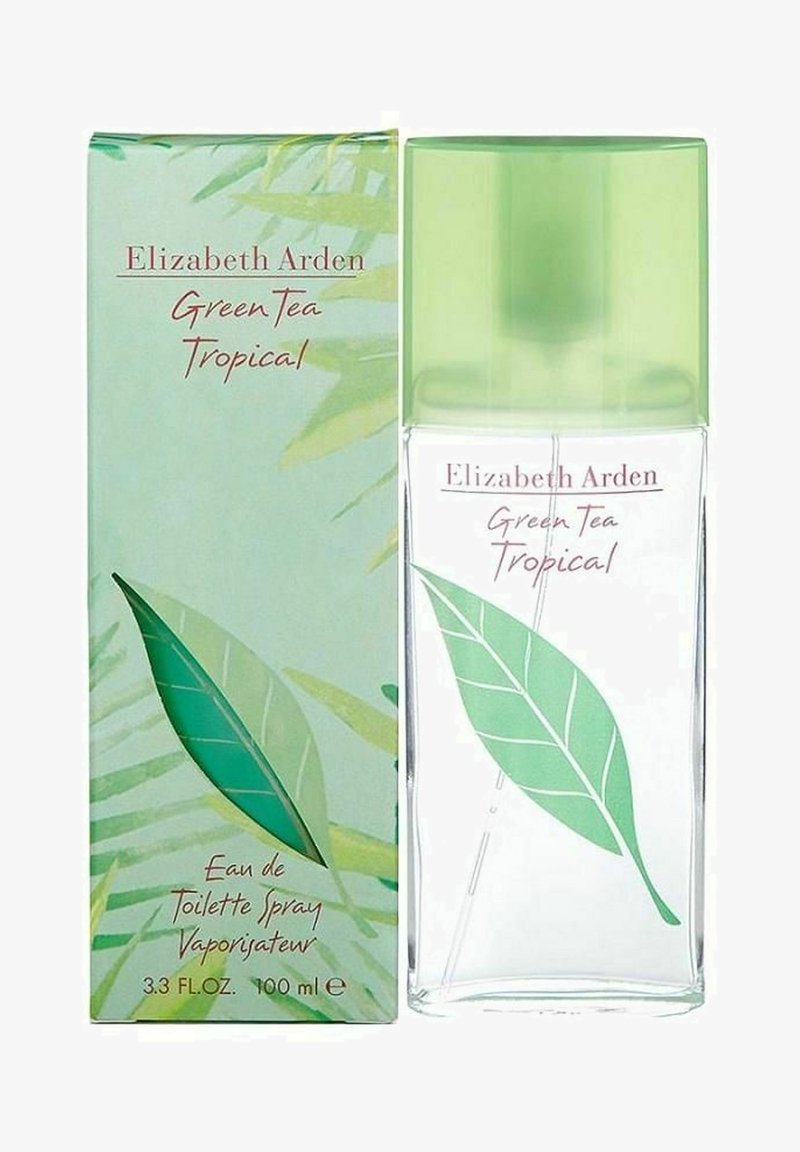 En klar glasflaska med ett grönt lövdesign, toppad med ett ljusgrönt lock. Lådan har en mjuk grön bakgrund med lövgrafik.