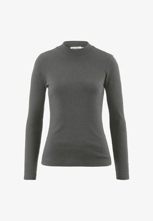 Maglietta grigia a maniche lunghe a costine con un colletto alto, caratterizzata da un design aderente e una consistenza morbida. Nessun motivo o hardware visibile.