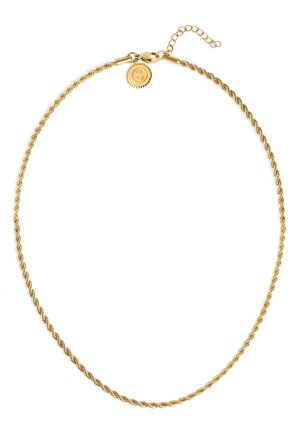 Collier chaîne torsadée en corde dorée avec fermoir réglable et pendentif rond avec la lettre S gravée sur fond blanc.