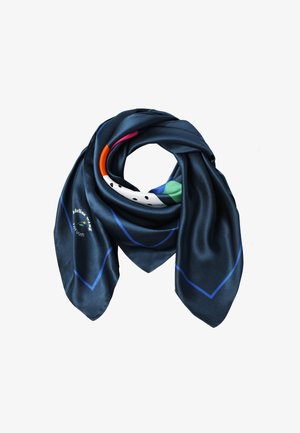 Marine satin scarf med flerfarvede accenter og geometrisk design, afsluttet med en kontrasterende blå kant og brandlogo.