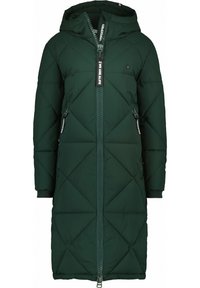 Lång mörkgrön puffjacka med huva, som har en diagonalt kviltad design, framzipper och sidofickor med varumärkesdetaljer.