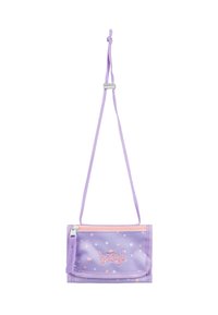 Borsa a tracolla in tessuto viola con pois pastello, chiusura con zip, tracolla regolabile e logo "baagl" ricamato sul davanti.