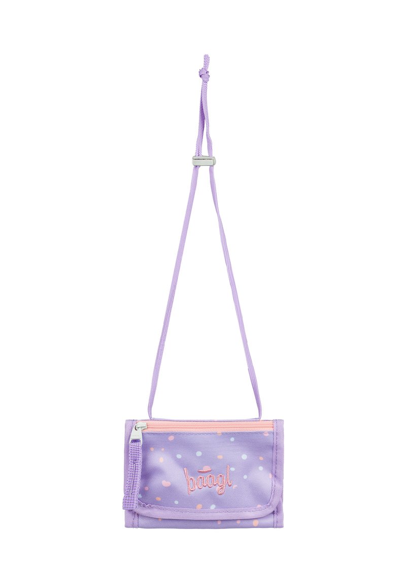 Borsa a tracolla in tessuto viola con pois pastello, chiusura con zip, tracolla regolabile e logo "baagl" ricamato sul davanti.
