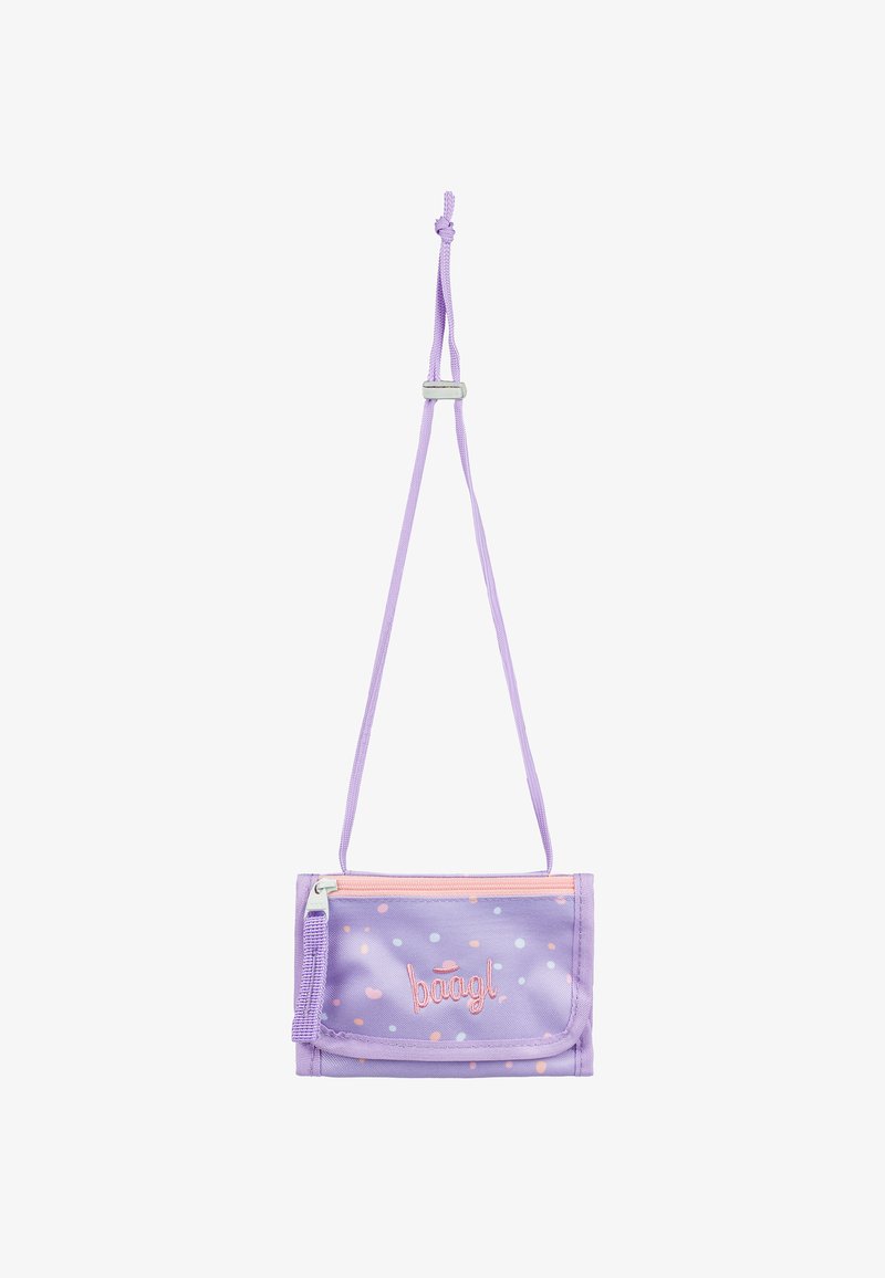 Fioletowa torebka crossbody z tkaniny w pastelowe kropki, z zamkiem błyskawicznym, regulowanym paskiem i haftowanym logo "baagl" z przodu.