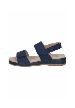 Sandal s tamnoplave boje s dva podesiva remena, udobnim uloškom i laganom gumenenom potplatu za udobnost. Ravni dizajn s minimalnim naglascima.