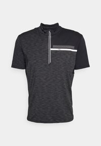 Mænds kortærmet sportshelt i mørkegrå og sort med kvart lynlås og hvid prikket stribe detaljeret på brystet.